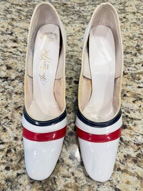 Vintage patent leather pumps red white blue rockabilly pinup narrow heel SZ 7